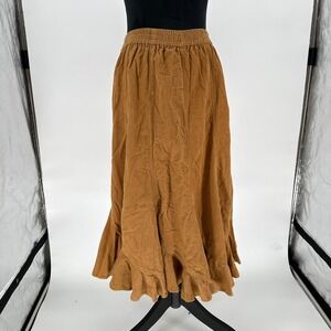 Vtg BFA Classics Camel Tan Corduroy Maxi Denim Cotton Ruffle Skirt XS P Boho